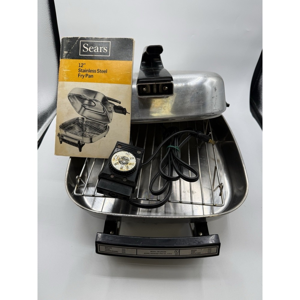 Vtg Sears Electric Stainless Steel Fry Pan w/ Broiler‎ Lid, Power Adapter & Rack